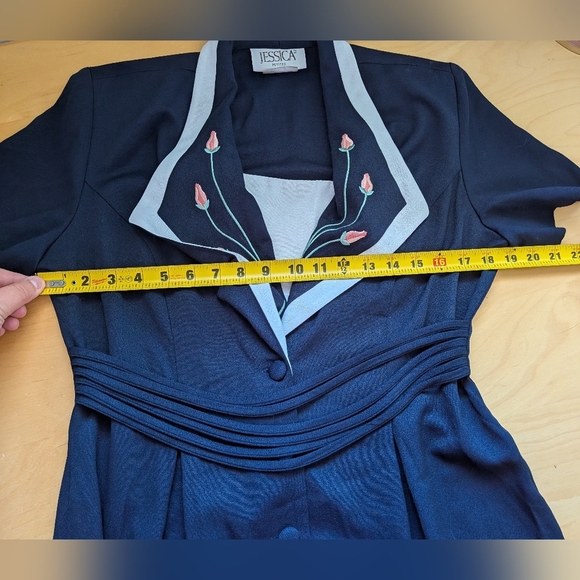 VINTAGE Jessica Women Dress Size 10 Petite Made In Canada Floral Navy Blue White - Picture 10 of 12